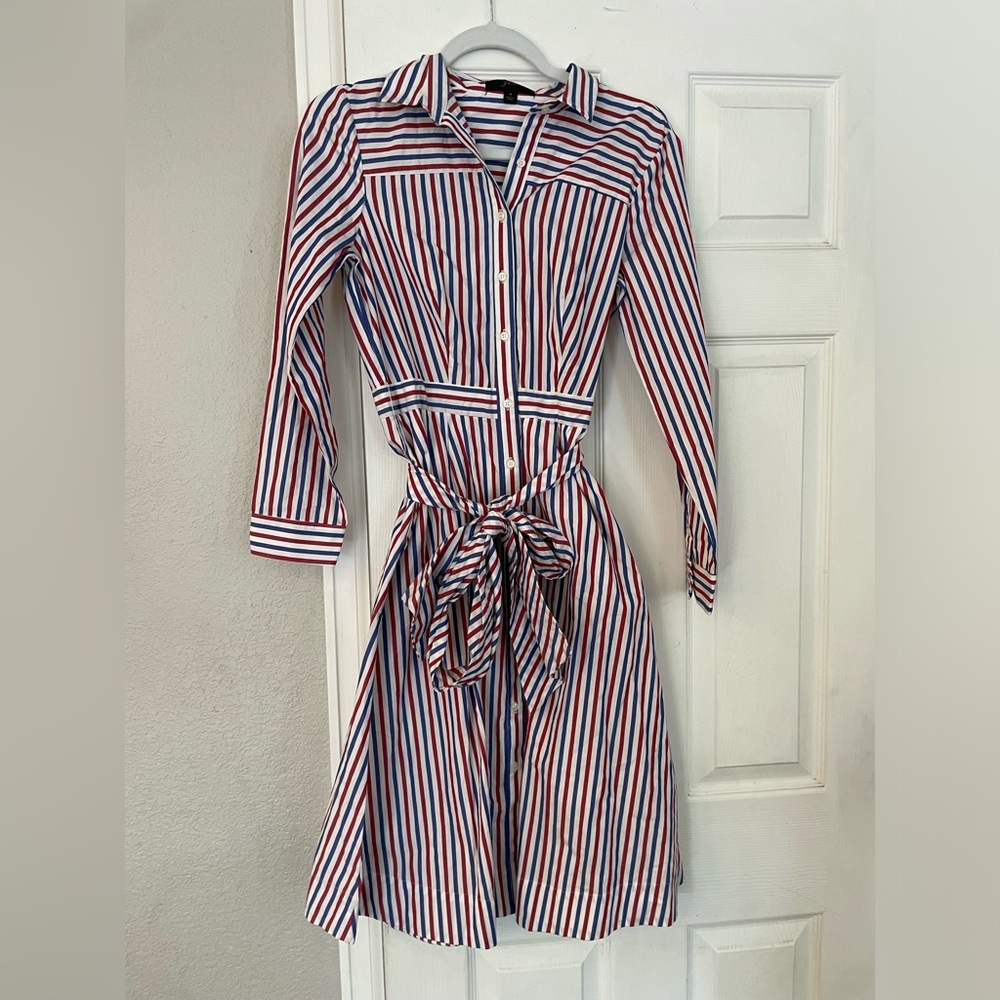 J.Crew Tie-waist shirtdress dress red blue stripe striped
